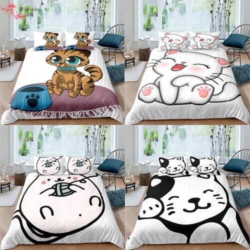 Cute Pet Cat Cartoon Bedding Set for Teens Children 2/3pc Bed Set Duvet Cover Home King Queen Size Bed Cover 90/135/150 Boy Girl