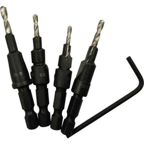 4pcs HSS Carpentry Countersink Drill Bit Set Woodworking + Hex Shank #6 #8 #10 #12