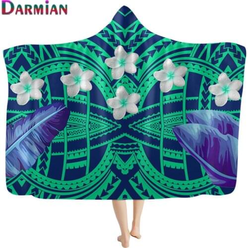 DARMIAN Polynesian Tribal Plumeria Flower Printed Wearable Hooded Blanket for Adult Kids Fashion Soft Warm Sofa Throw Blankets