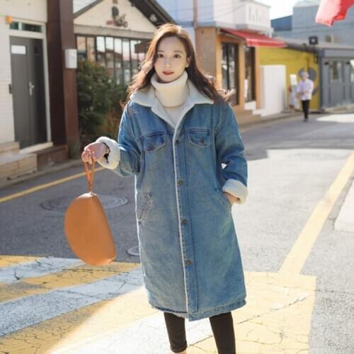 Autumn Winter Korean Thickened Cowgirl Coat Women Plus Velvet Loose Lamb Wool Mid-length Denim Coat Winter Cotton Clothing E362