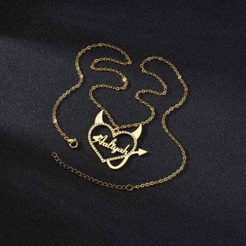 Custom Personalized Love Heart Nameplate With Demon Tail Diamond Stainless Steel Necklaces For Women Men Fashion Jewelry Gifts