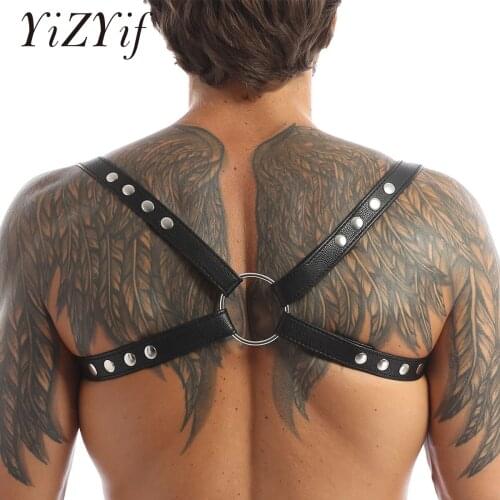 YiZYiF Hot Men Lingerie Faux Leather Adjustable Body Chest Harness Belt Sexy Shoulder Chest Strps Gay Costume with Press Buttons