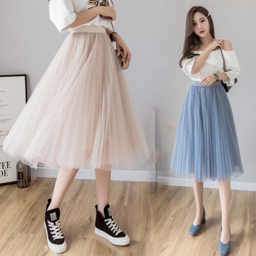 Tulle Skirts Womens Midi Pleated Skirt Black Pink Tulle Skirt Women 2019 Spring Summer Korean Elastic High Waist Mesh Tutu Skirt