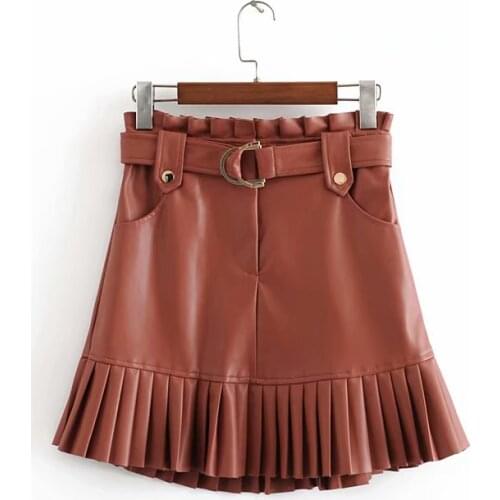 Stylish Chic Pu Leather Mini Skirt with Belt Za Fashion Women High Waist Pleated Hem Skirts Casual Streetwear Party Faldas