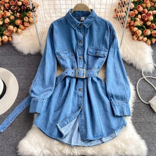 Neploe Retro Single-breasted Denim Jacket Women Mid-length Belt Slim Waist Female Long Sleeve Temperament Shirts Autumn New