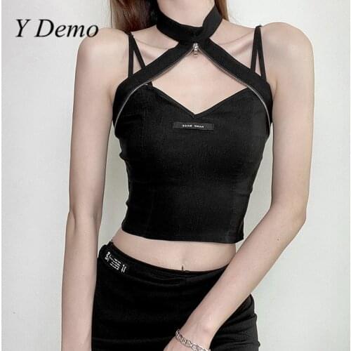 Y Demo Grunge Slim Sleeveless Zipper Halter Neck Women Tank Tops Y2k Casual Straps Letter Print Tee For Women