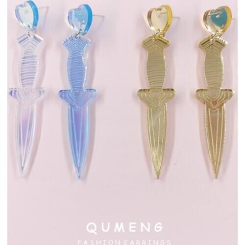 QUMENG 2021 Fashion Acrylic Mirror Colorful Carving Dagger Knife Pendant Earrings For Women Heart-shaped Charm Jewelry