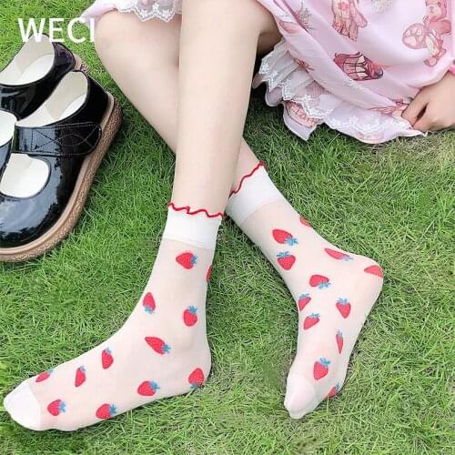 WECI Women Cute Short Ankle Socks Breathable Thin Soft Lolita Ruffle Lace Socks Sweet Strawberry Dots Stripe Three Patterns Sox