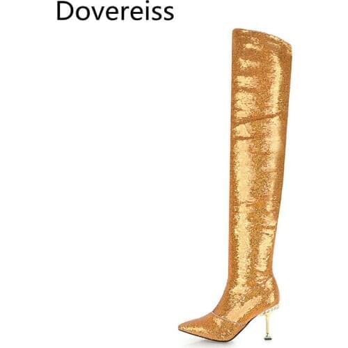 Dovereiss Fashion Womens Shoes Winter Zipper Elegant Concise sexy silver Mature Zipper Stilettos heels Over the knee boots 43