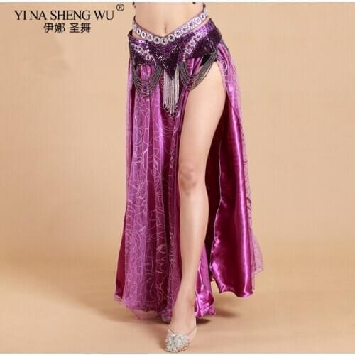 Belly Dance Costume Long Side Split Skirt Adult Sequin Skirt For Oriental Dance Performance Stage Dancer Wear Women NO Belt
