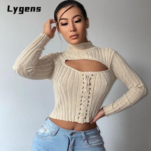 Lygens 2021 Autumn Women Long Sleeve Knitted Hollow Out Patchwork Crop Top Drawstring Bodycon Sexy Streetwear Club Clothes