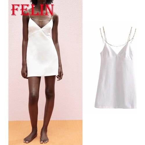 Women Sexy V Neck Chic White Mini Dress Za 2021 Elegant Cami Sleeveless Dress Summer Fashion Party Mujer Vestidos