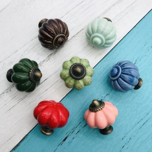 1pcs Antique Kitchen Ceramic Pumpkin Pulls/Knobs for Cabinets, Cupboard Dresser and Drawers Handles Red Pink Green Crack Design