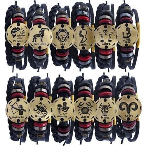 12 Constellation Pisces Leo Virgo Cancer Aries Taurus Aquarius Scorpio Sagittarius Libra Gemini Capricorn Leather Bracelets