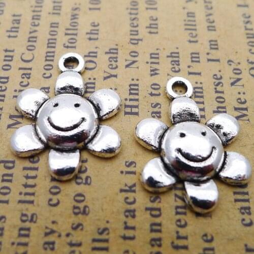 20 pieces/lot 14*18mm Antique silver color Metal alloy Sunflower Smile Charm Pendant Bracelet Key chain DIY handmade jewelry