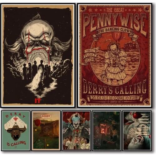 36 Designs Horror Film It Kraftpaper Poster Pennywise Clown Artwork Painting Abstract Fancy Wall Sticker for Coffee House Bar