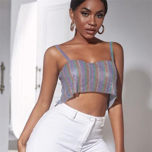 Glitter Colorful Metal Crystal Crop Tops Holiday Strap Backless Tank Top Women Sexy Sequined Prom Night Vest 2021Party Club Wear