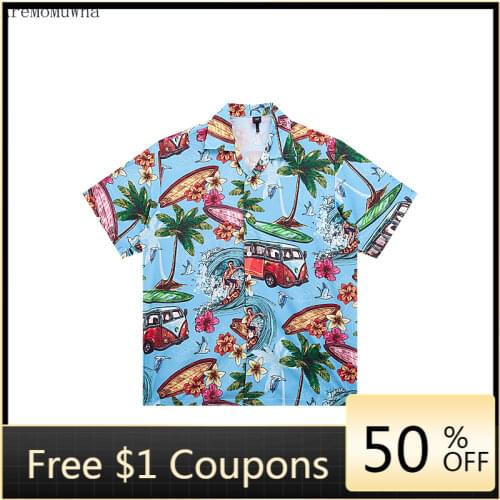 Hawaiian Surf Tropical Plant Print Short-sleeved Shirt Yuppie Handsome Couple Lazy Wind Bf Summer Shirt Men Shirt Summer Shirts