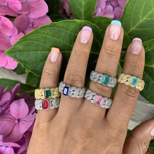 Iced Out Bling Cuban Chain Shaped Micro Pave CZ Hip Hop Women Colorful Birthstone Cuban Eternity Band Ring