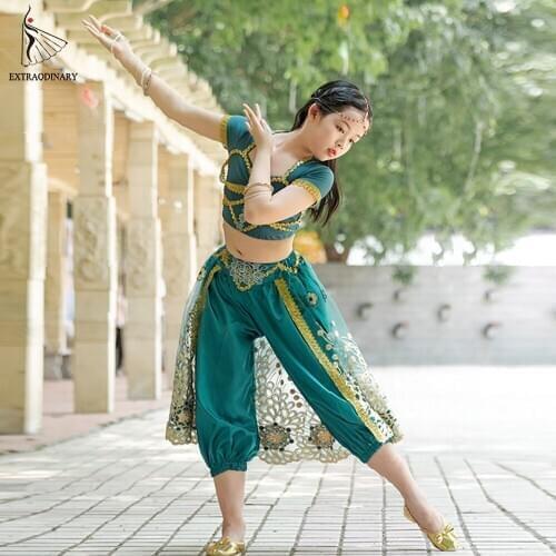 Sari Bollywood Dance Costume Set Girls Indian Kids Dance Clothing Belly Dance Children Halloween Top Pants Headdress 3pcs