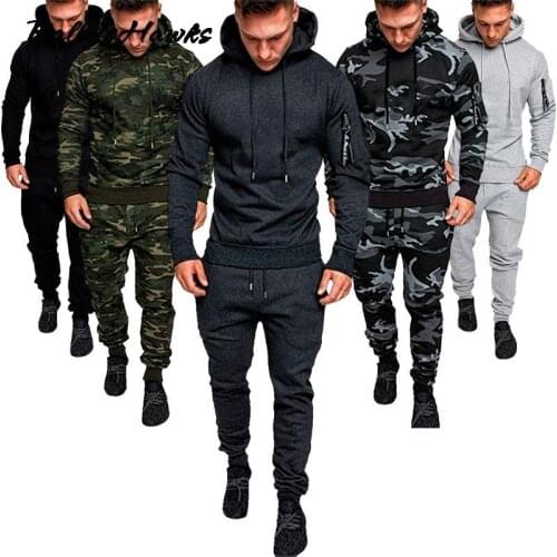 2 Pieces Tracksuit Mens Military Hoodie Sets Camouflage Muscle Man Autumn Winter Tactical Sweat Top and Jacket Pants