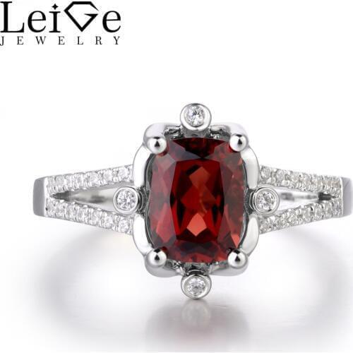 Leige Jewelry Lab Red Garnet Gemstone January Birthstone Engagement Trendy Rings With Stone For Woman 925 Sterling Silver