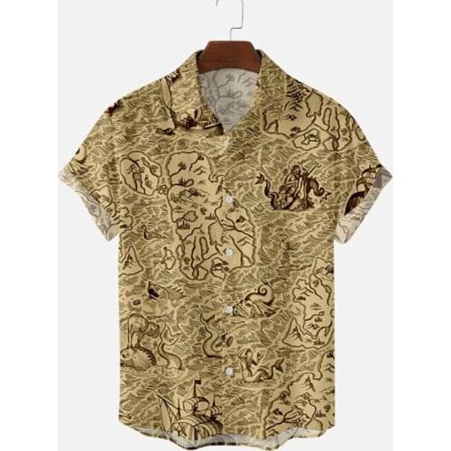 2021 Summer Men Hawaiian Shirts Short Sleeve Funny Monster Map Printed 5XL 6XL Korean Fashion Map Shirt