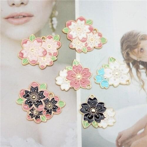 Julie Wang 6PCS Enamel Cherry Blossom Charms Sakura Flowers Mixed Colors Pendants Alloy Gold Tone Jewelry Making Accessory