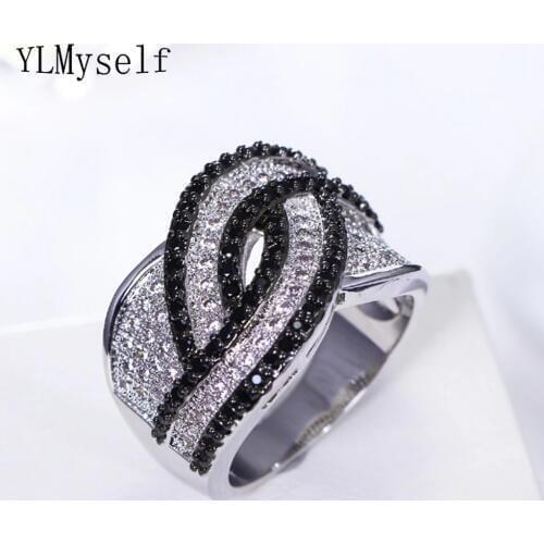 Direct Selling brand Jewelry Freeshipping Trendy Black Lines design Rings with Full Jet/Clear Crystal Finger ring for Women
