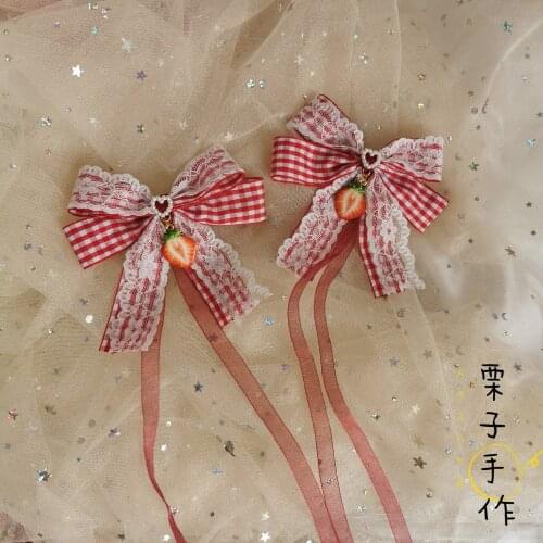 Self-Made Lolita Headdress Strawberry Barrettes SOFT Girl Double Horse Tail Clamp Lolita Bow Daily Life Hair Accessories