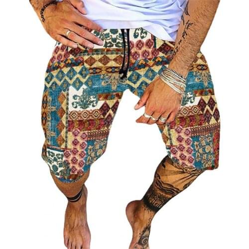 Men Shorts Straight-leg Breathable Cotton Blend Casual Retro Print Shorts for Daily Wear