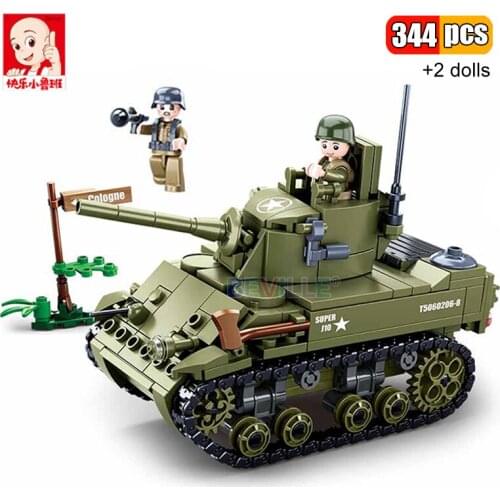 Sluban 344Pcs WW2 Military M5 Stuart Light Tank Building Blocks US Army Weapons Soldiers Figures Classic Model Bricks Kids Toys