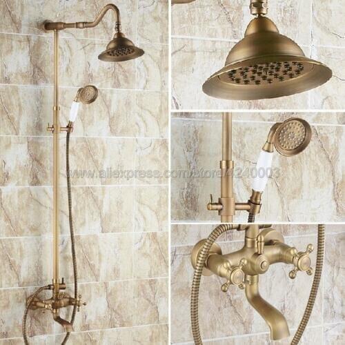 Shower Faucets Antique Brass Rainfall Shower Set Faucet Tub Mixer Tap Handheld Shower Wall Mounted Krs100