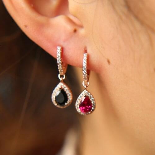 Wedding enegagement gift black red tear drop cz dangle water drop charm classic fashion women girl cz earring rose gold color