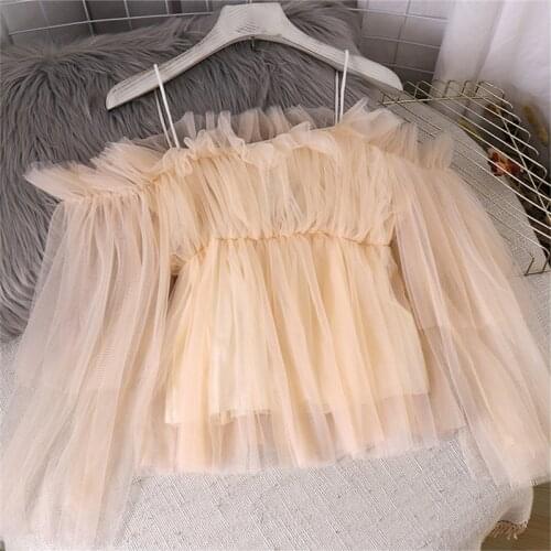 Top Womens Spring and Summer New Tube Top One-way Neck Strapless Flared Sleeves Short Mesh Shirt