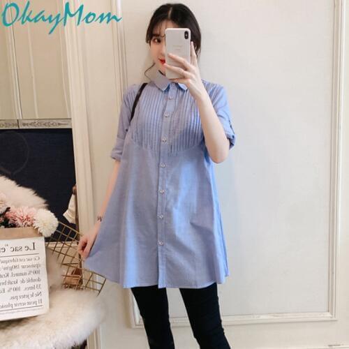 OkayMom Spring Maternity Blouse Shirts Dress Pregnancy Wear Shirt Clothes Fall Korean OL Loose Blue Tops Tees For Pregnant Women