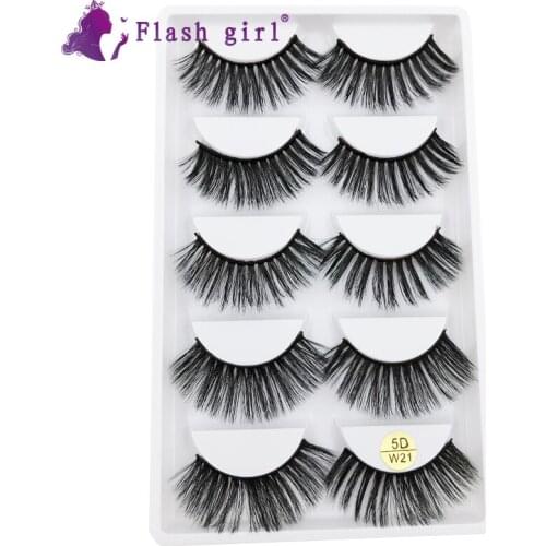 Flash Girl 5D Handmade Fake Mink Eyelashes Individual Eyelashes Makeup 5 Pairs Mink Eyelashes Kit