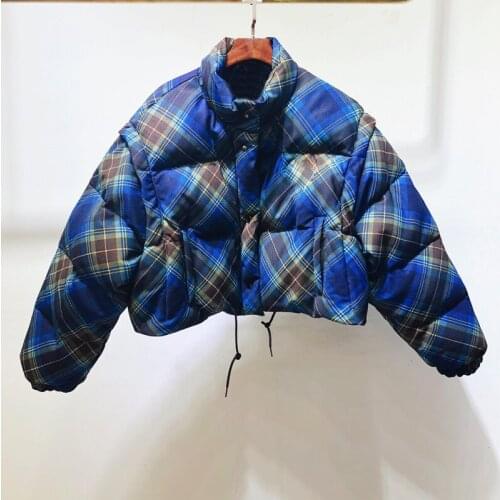 High End Quality 11.9 Winter New Fashion Stand Collar Detachable Sleeve Plaid Keep Warm Short Down Jacket Coat Women Two Wear