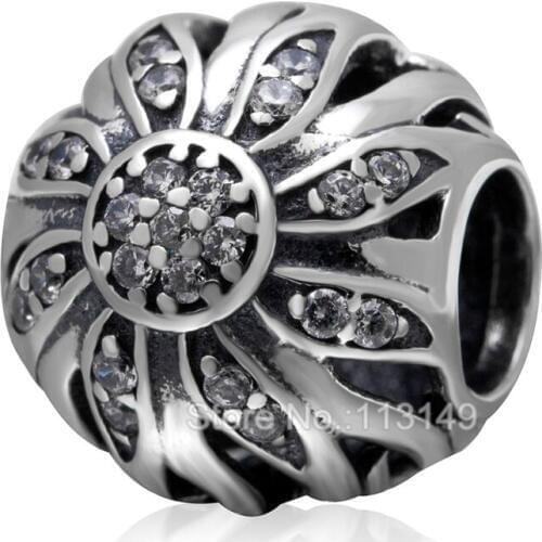 High Quality Zircon Micro Pave Sunflower Big Hole Round 925 Sterling Silver Beads Fit European Charm Bracelet Necklace SZPB224
