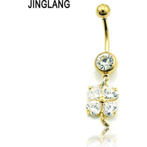 Piercing Jewelry Fashion Belly Button Rings 316L Stainless Steel Dangle White Rhinestone Leaf Piercing Navel Jewelry