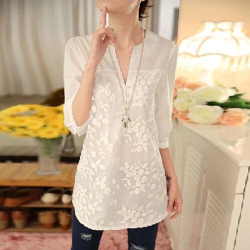 New Summer Korean Women Blouse Flower Print Blouse V-neck Organza Embroidered Shirt White Lace Blouse Top Plus Size
