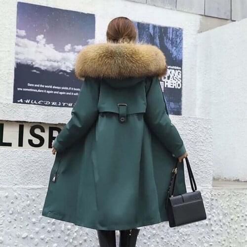 Women Rael Fox Fur Hooded Parka Winter Rabbit Fur Liner Midi Length Coats Female Thick Warm Outerwear Detachable