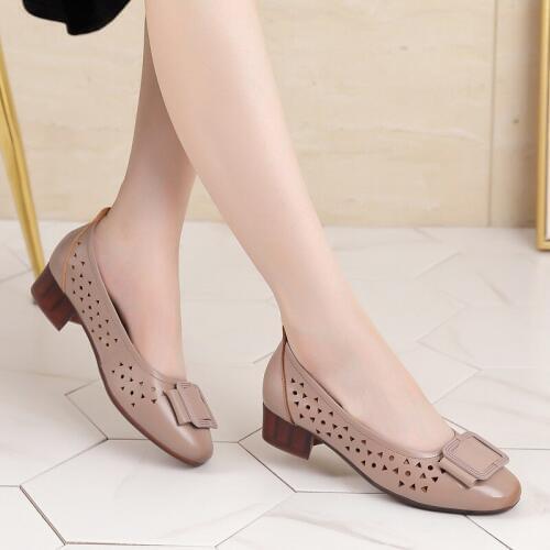 Tilocow Genuine Leather Hollow Out Mothers Shoes For Women Platform Soft Bottom Sandals Female Casual Hoof Heels Shallow Slides