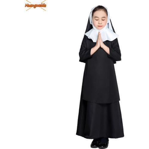 Nun Costumes Monk Cosplay Dress Girl Halloween Costumes for Kids Suit Nuns Headdress Kawaii Outfit Easter Costume Fancy Robe