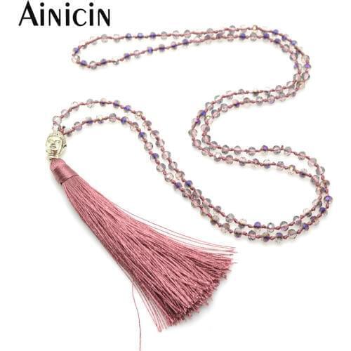 10pcs Faceted Glass Neon Color Alloy Buddha Head Long Tassel Pendant Fashion Women Jewelry Necklace Birthday Gift