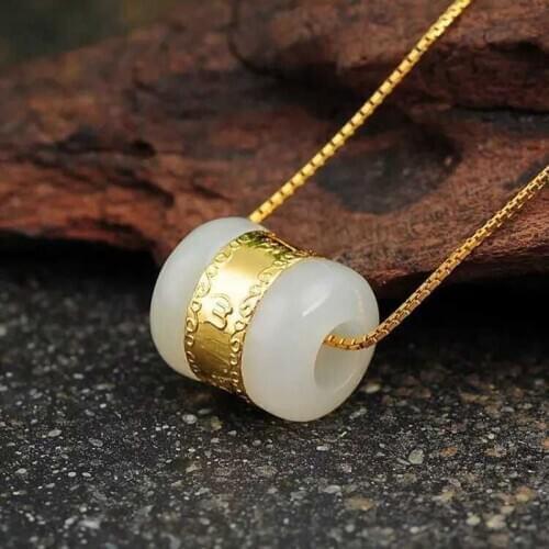 2Pcs FineYellow Gold &Natural Hetian Jade Lucky Loose Bead Popular Pendant