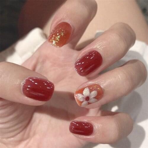 24Pcs/Box Peony Flower Printed Short Ballet Wearable Fake Nails Press On Round Head Full Cover Detachable Finished Fingernail NN