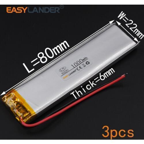 3pcs/Lot 3.7V 1000mAh Rechargeable li Polymer Li-ion Battery For tachograph LED light Toys Bluetooth Speaker 602280 062280