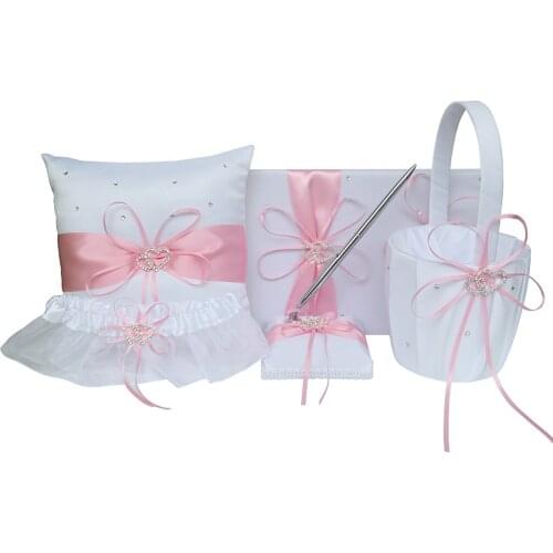 5Pcs/set Pink Satin Wedding Decoration Product Ring Pillow + Flower Basket + Guest Book + Pen Set + Garter Home Decor