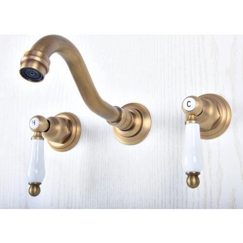Antique Brass Wall Mounted Bathroom Sink Faucet Widespread 3pcs Ceramics Handles Basin 3 Holes Mixer Tap zsf509